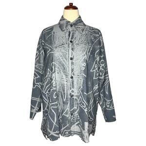 Skif (Skifo) Women's Blouse Gray OS Hand Painted Button Front Lagenlook Artisan